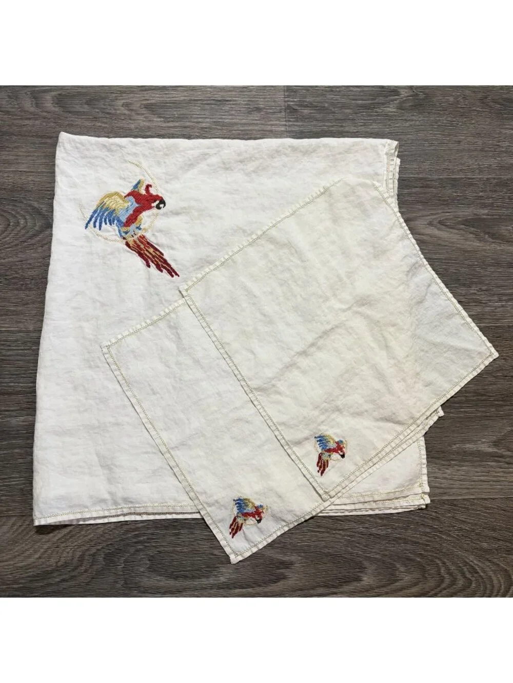 Vintage White Linen Tablecloth Napkins Hand Stitched Parrot Embroidery Tropical